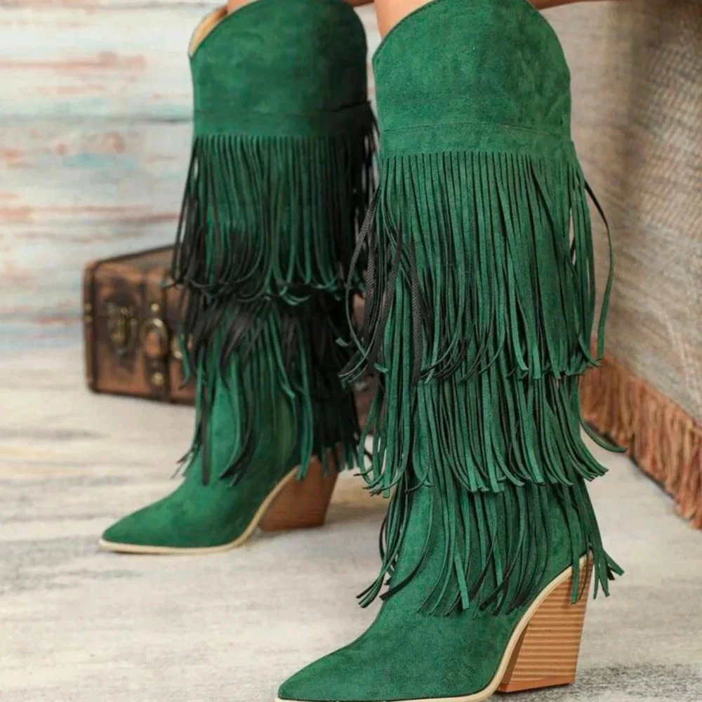 Green Knee-High Geometric Fringed Comfortable Faux Suede Thick Heel Boots, - Picture 3 of 6